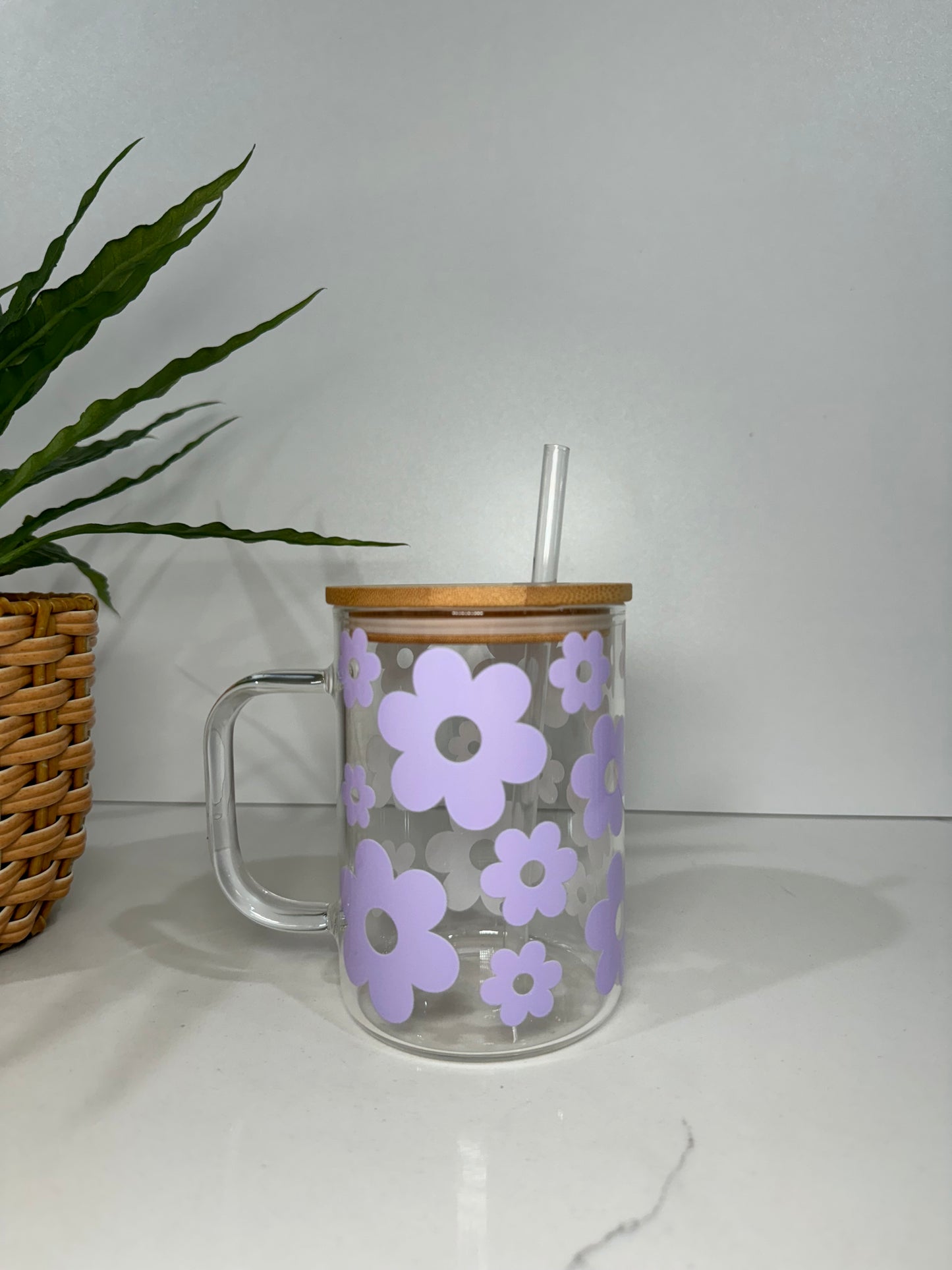 Purple Flowers Glass Tumbler with Handle