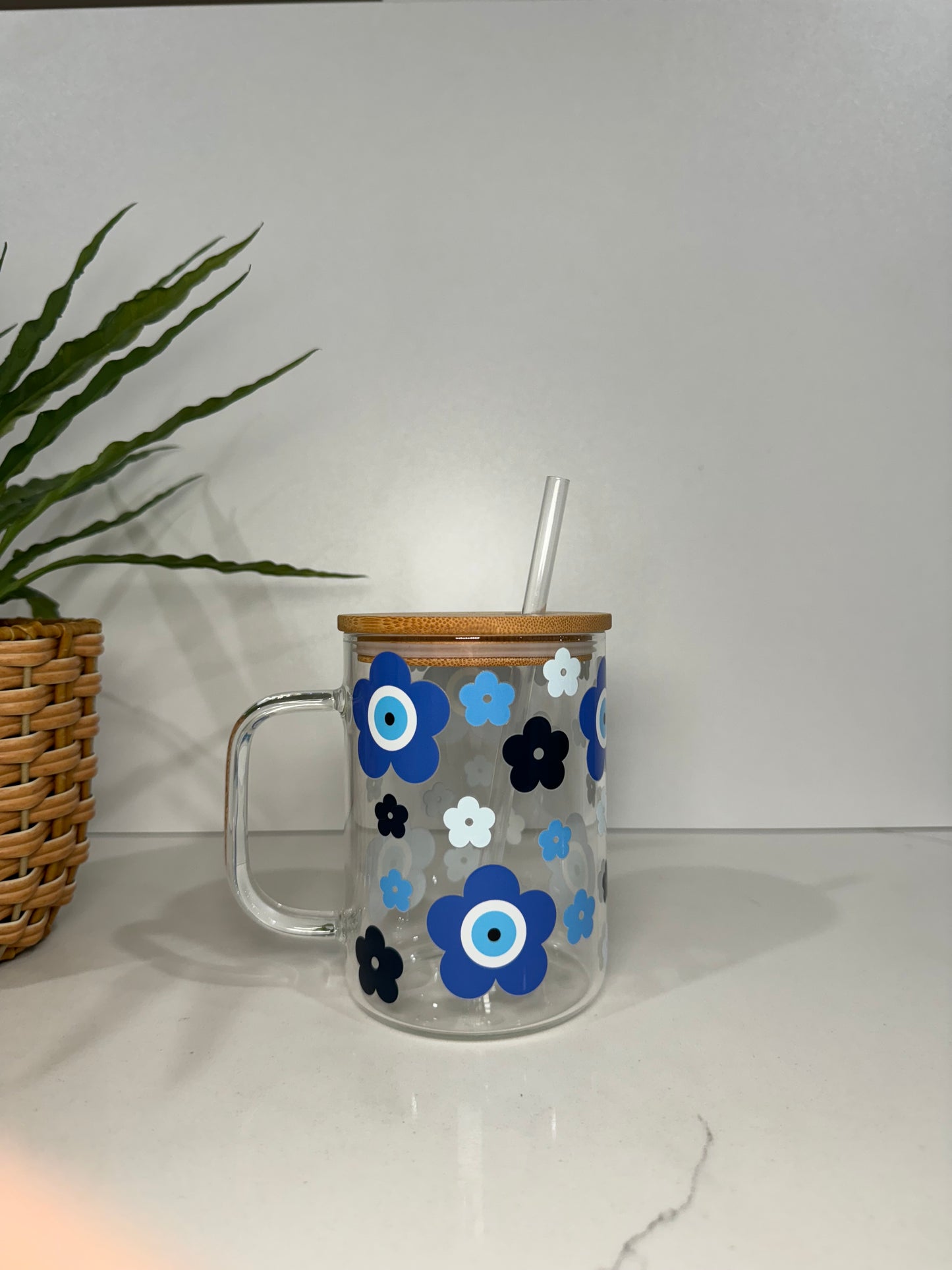Blue flower Glass Tumbler with Handle