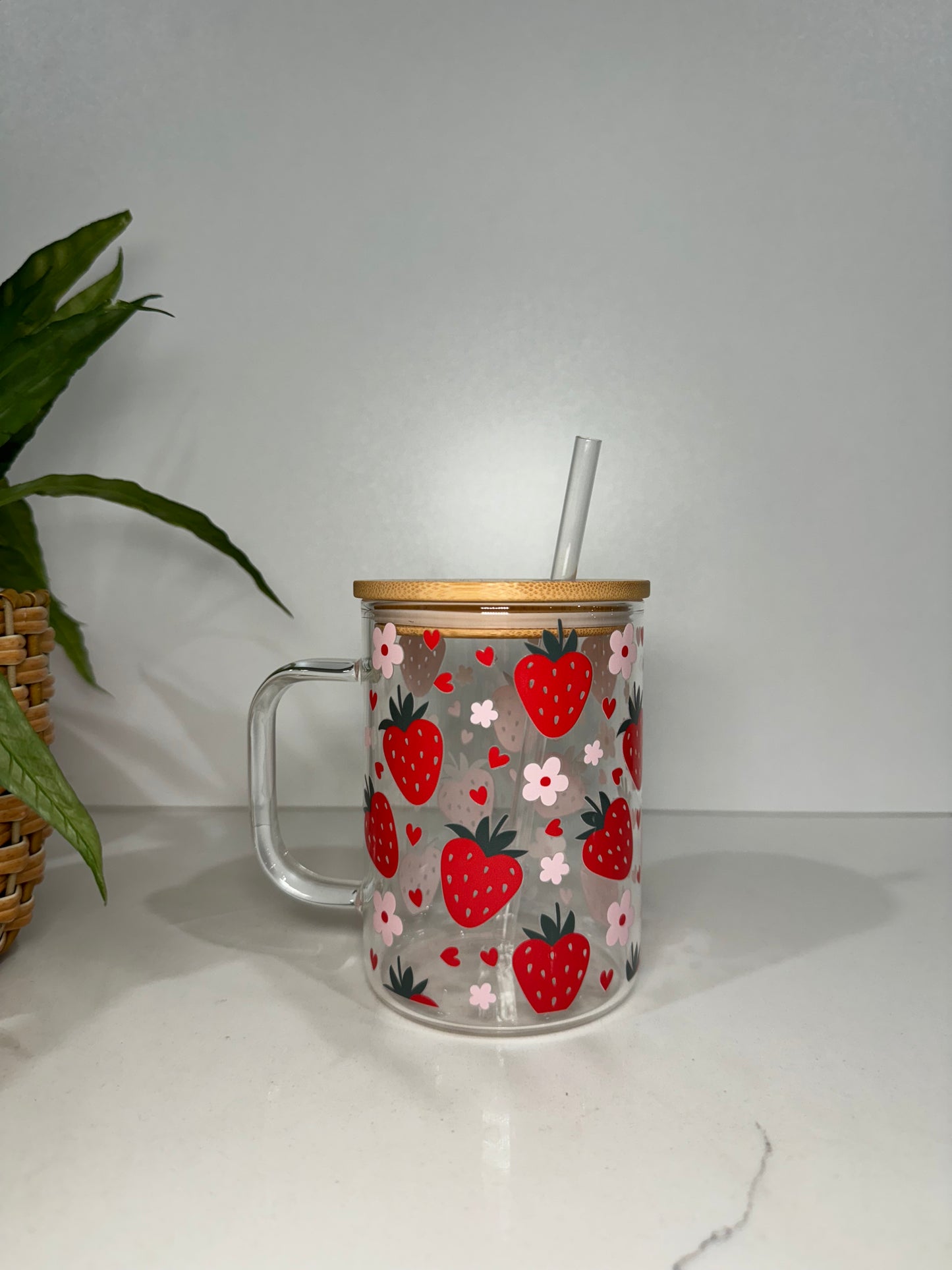 Strawberries Glass Tumbler with Handle