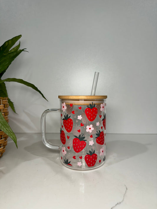 Strawberries Glass Tumbler with Handle
