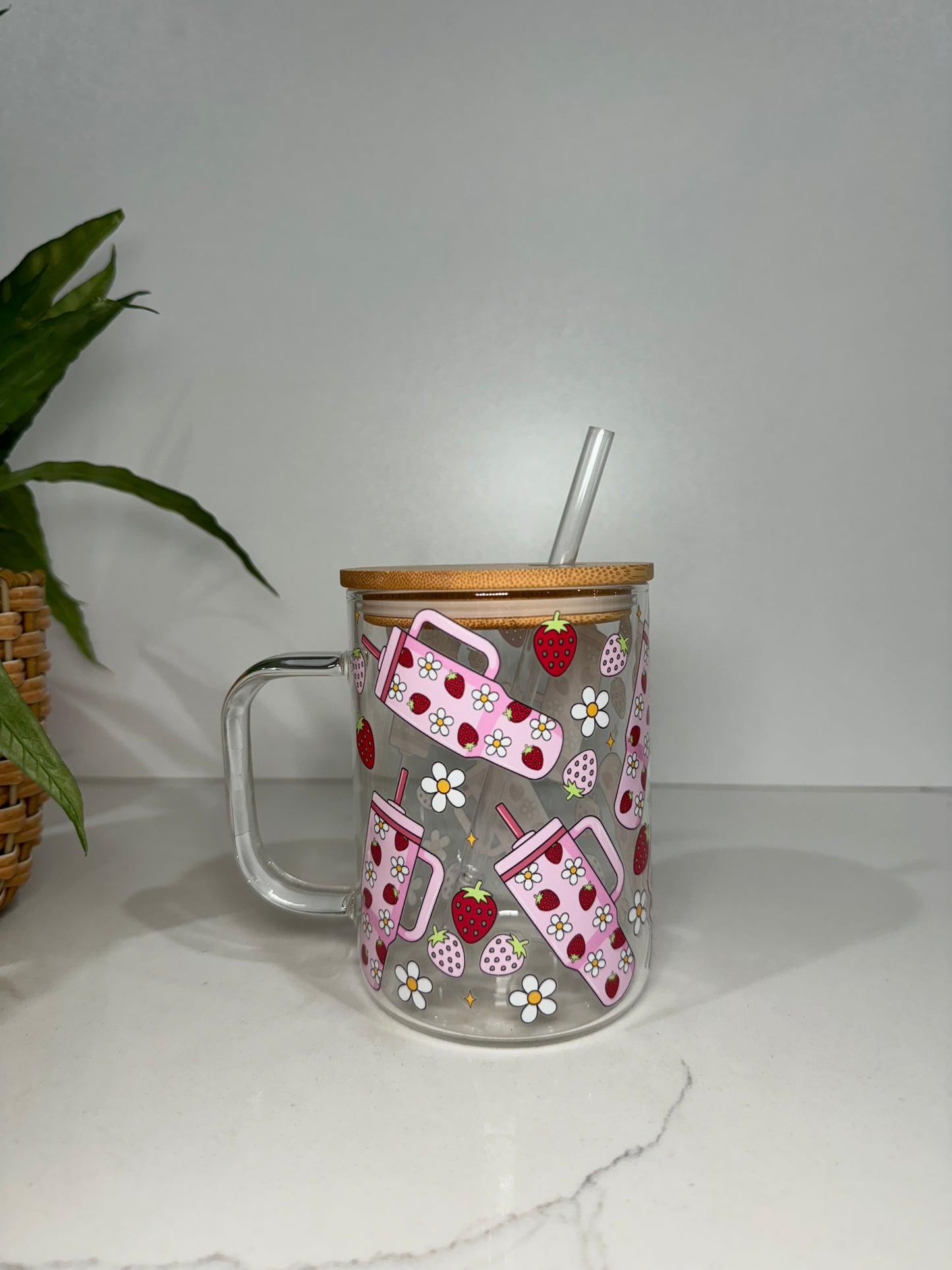Strawberries and Tumblers Glass Tumbler with Handle