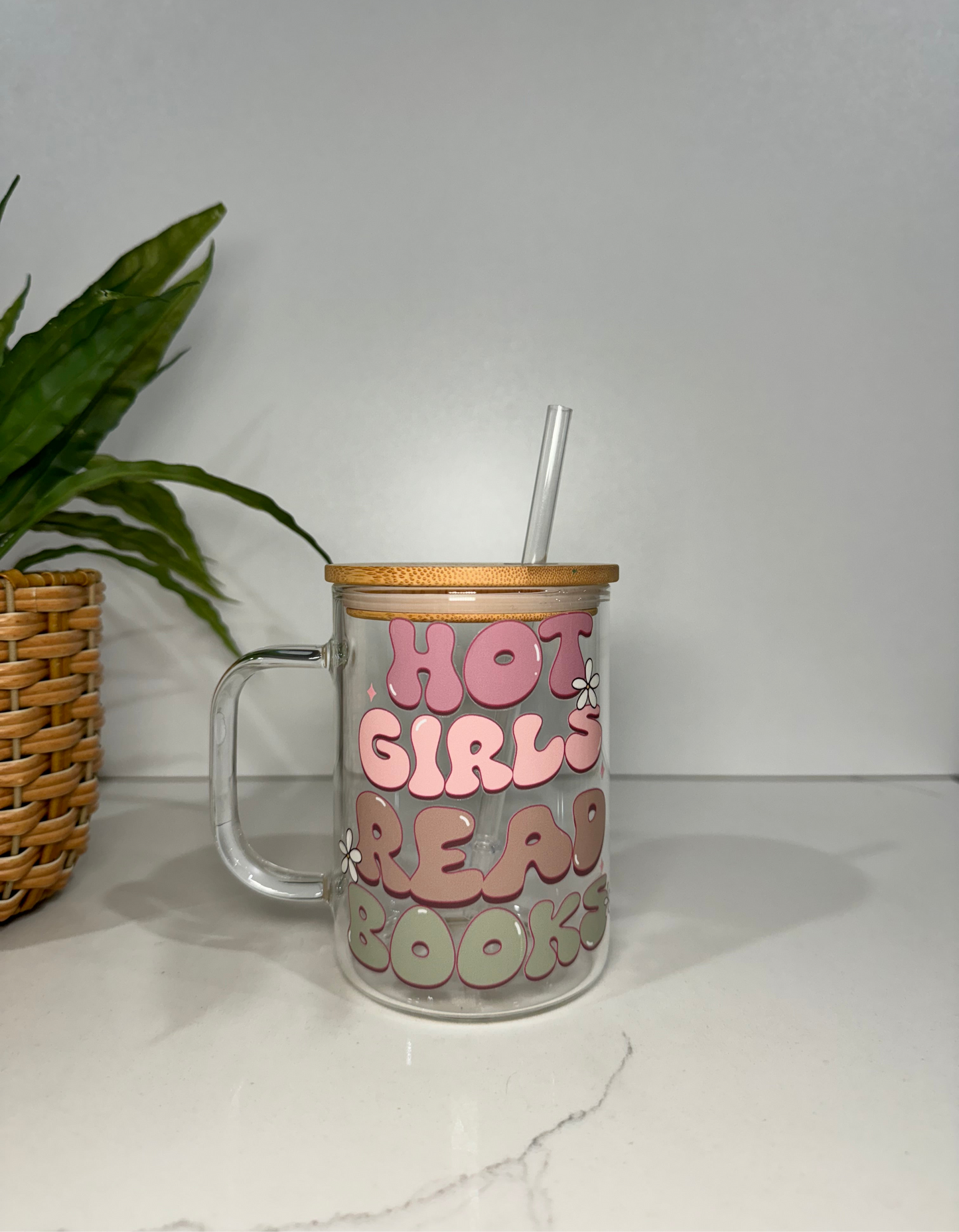 “Hot girls read books” Glass Tumbler with Handle