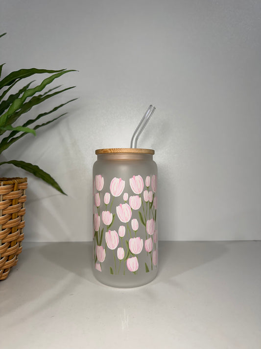 Frosted Tulips Glass Tumbler