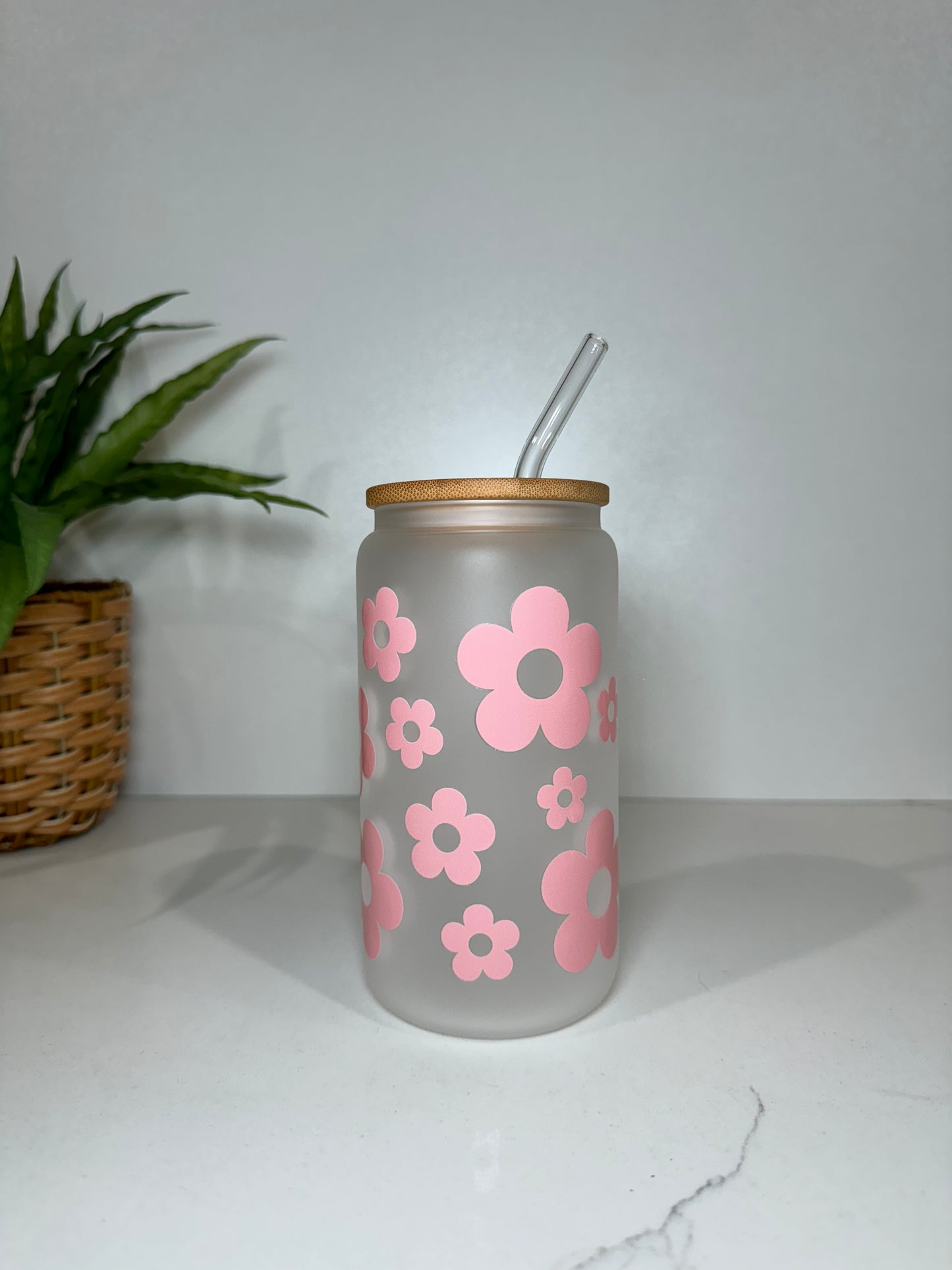 Frosted Pink Flower #1 Glass Tumbler