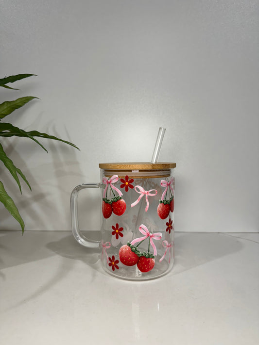 Strawberry Bows Glass Tumbler with Handle