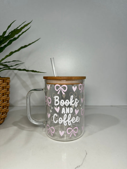 Books and Coffee Glass Tumbler with Handle