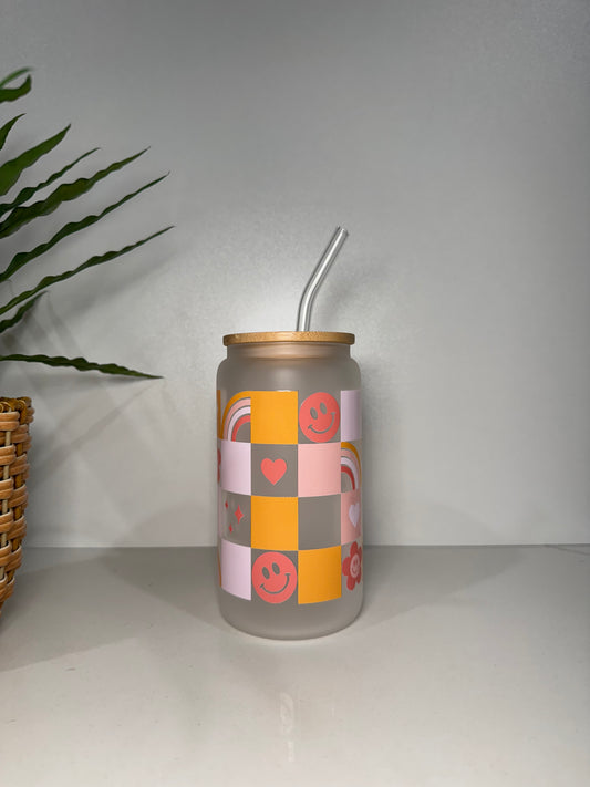 Frosted Orange Checkers Glass Tumbler