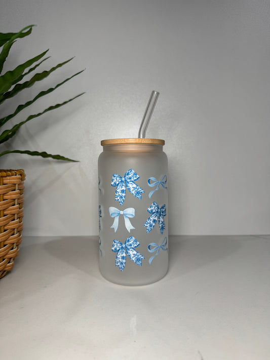 Frosted Blue Bows Glass Tumbler