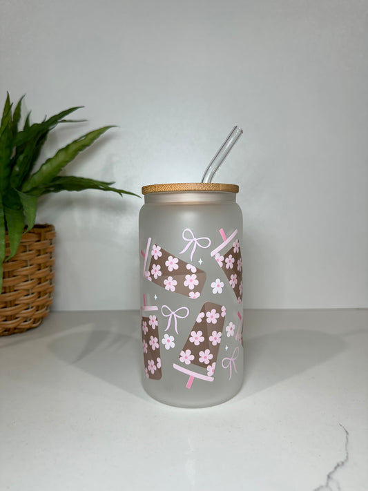 Frosted Iced coffee and Bows Glass Tumbler