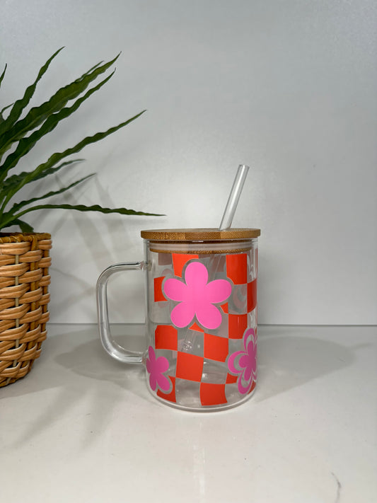 Dark Pink Flower Glass Tumbler with Handle