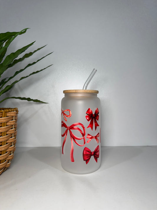 Frosted Red Bows Glass Tumbler