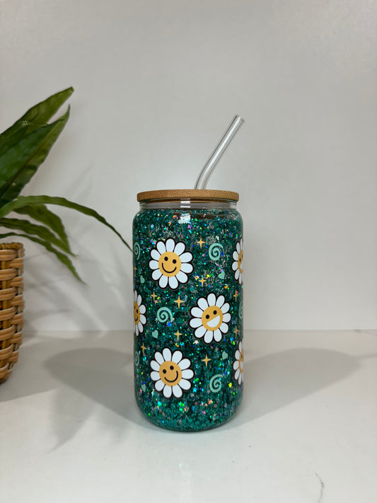 Glitter Daisies Glass Tumblers