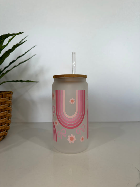 Frosted Rainbow and Bows Glass Tumbler