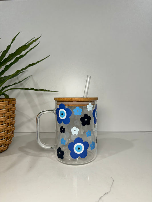 Blue flower Glass Tumbler with Handle
