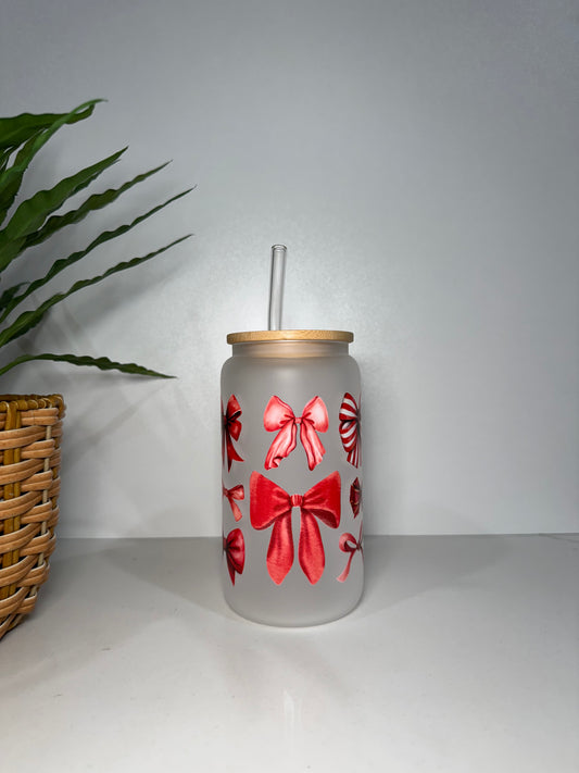 Frosted Red Bows Glass Tumbler