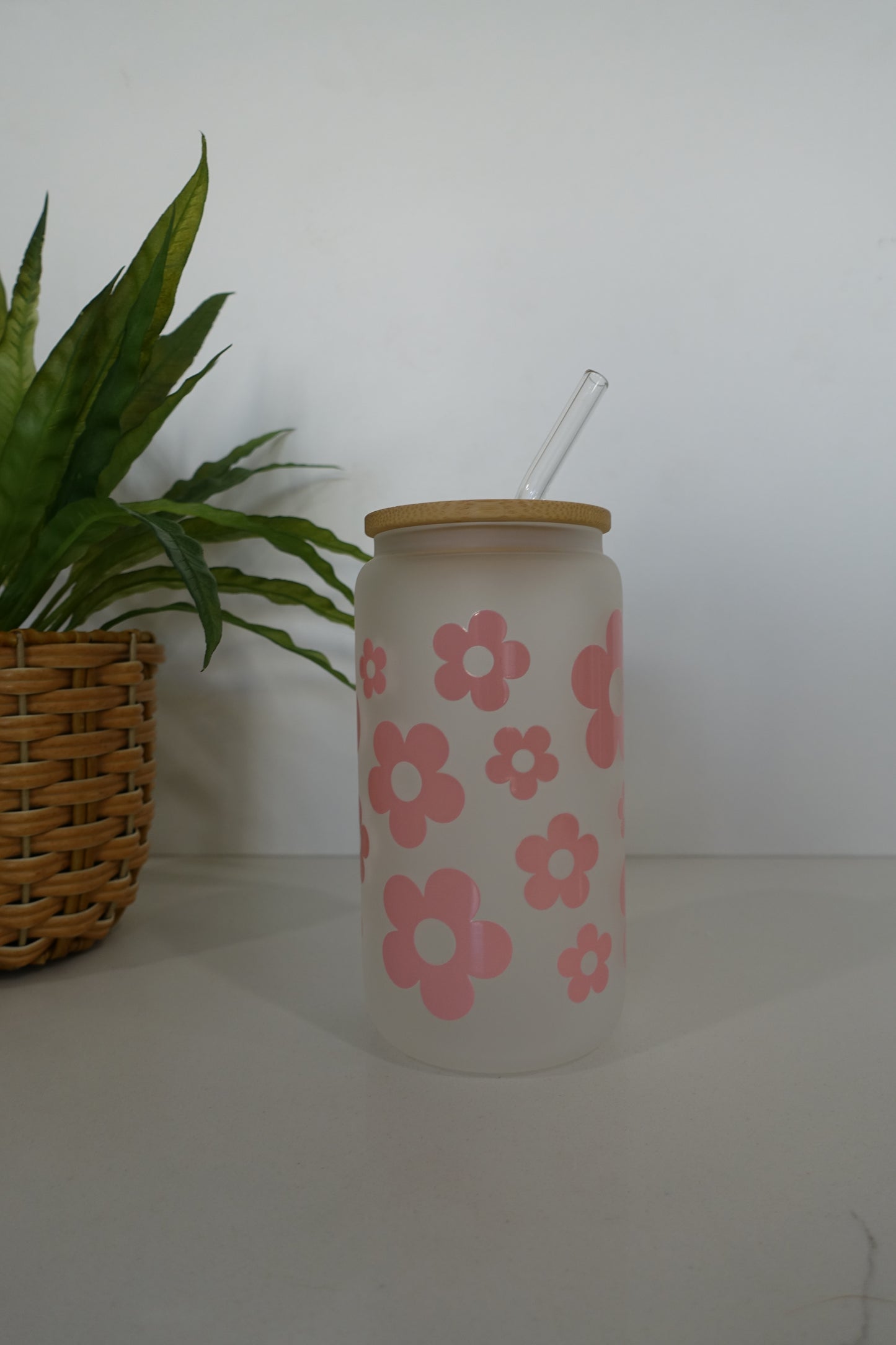 Frosted Pink Flower Glass Tumbler