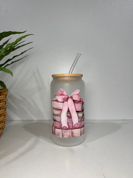 Frosted Books & Bows Glass Tumbler