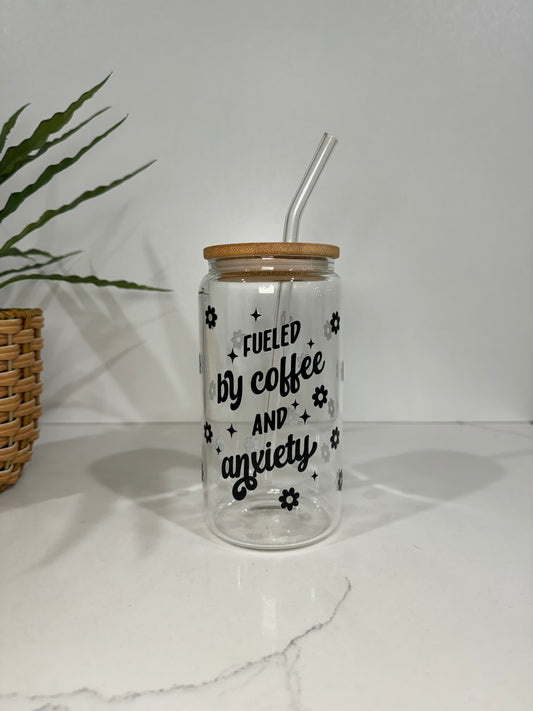 “Fuel by coffee and anxiety” Glass Tumbler