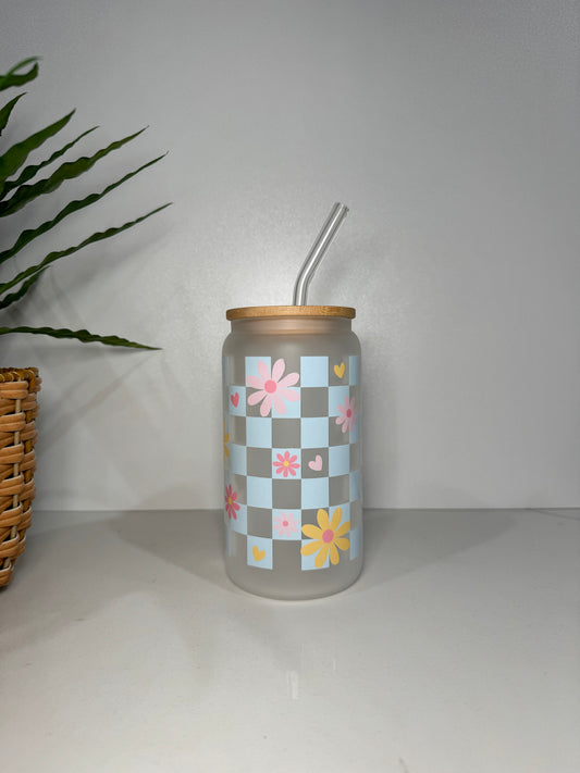 Frosted Blue Checkers Glass Tumbler