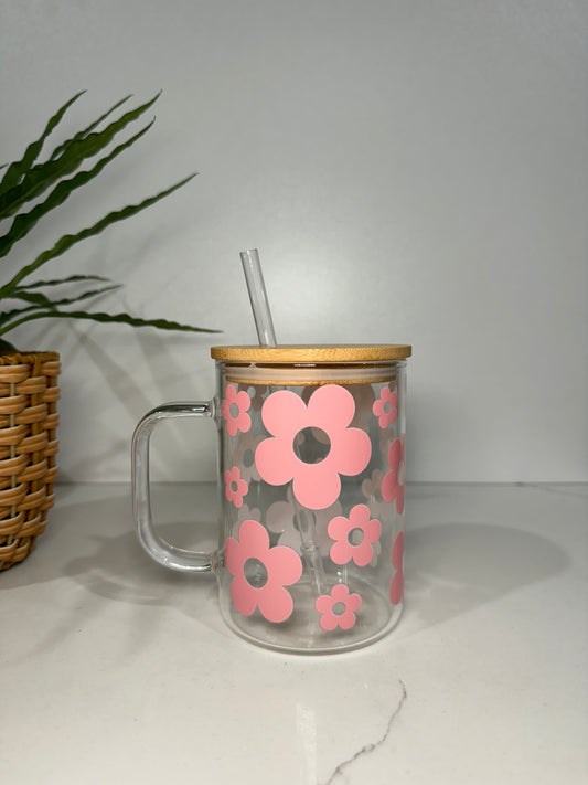 Pink Flower Glass Tumbler with Handle