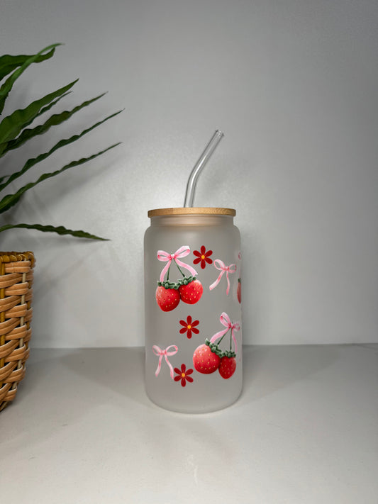 Frosted Strawberry Bows Glass Tumbler