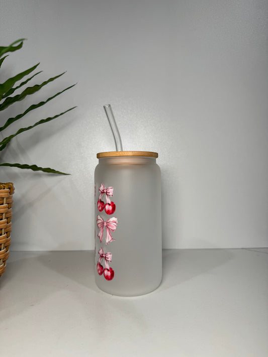 Frosted Cherry Bows Glass Tumbler