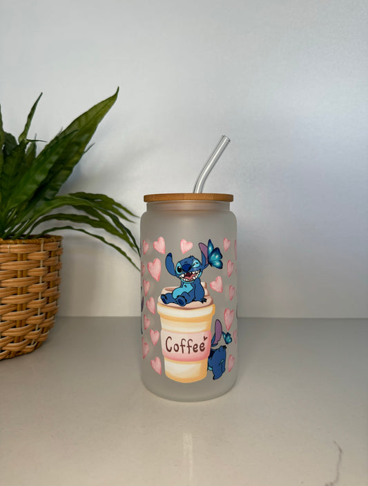 Frosted Lilo and Stitch Glass Tumbler