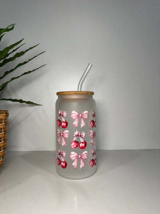Frosted Cherry Bows Glass Tumbler