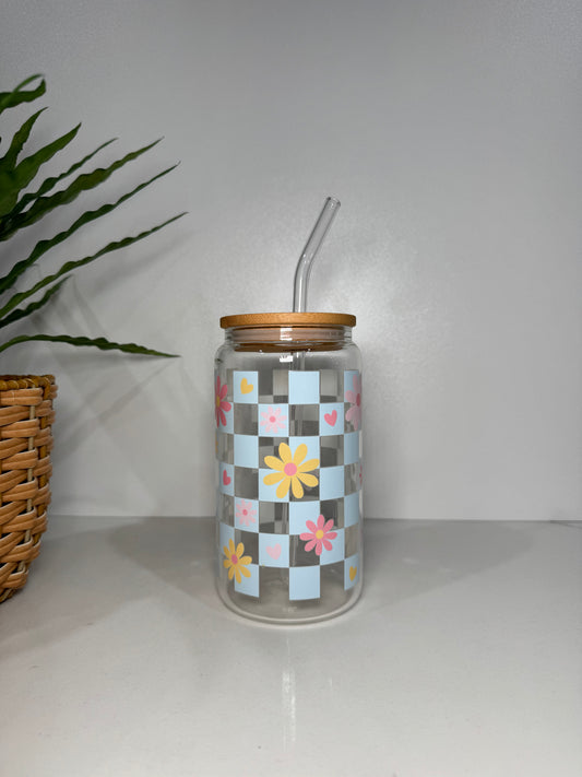 Blue Checkers Glass Tumbler
