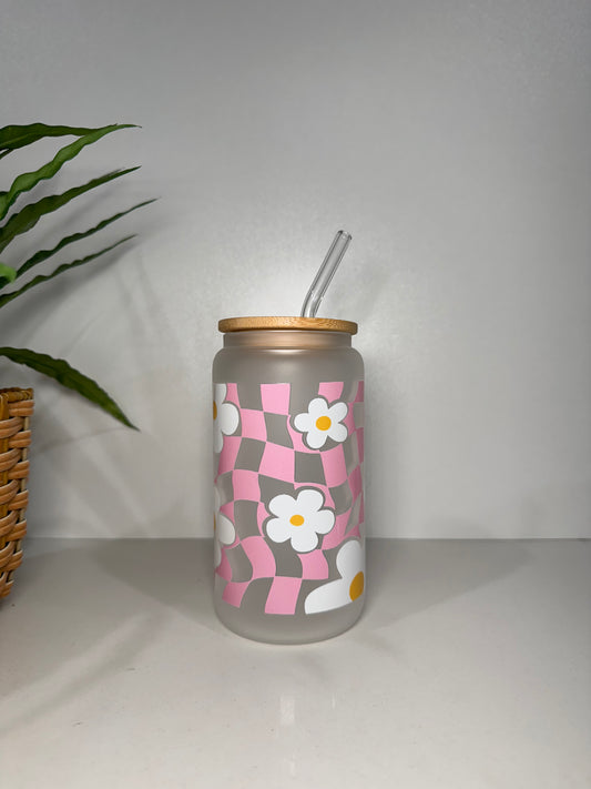 Frosted Pink Flowers #2 Glass Tumbler