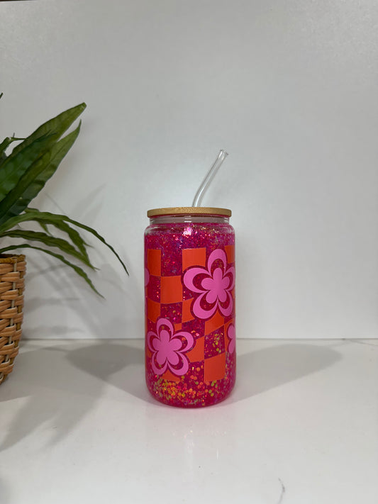 Glitter Pink Flower Glass Tumblers