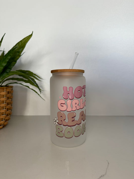 Frosted “Hot girls read books” Glass Tumbler