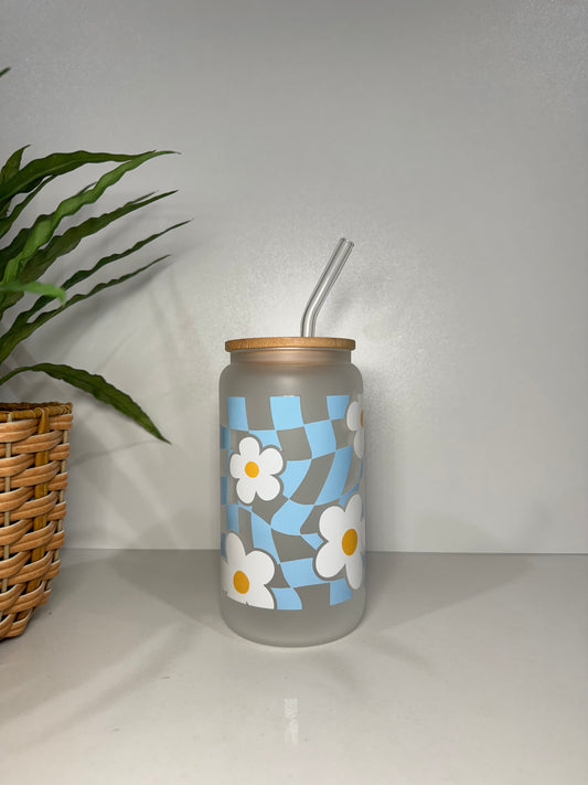 Frosted Blue Flowers #2 Glass Tumbler