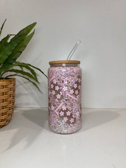 Glitter Iced Coffee and Bows Glass Tumblers