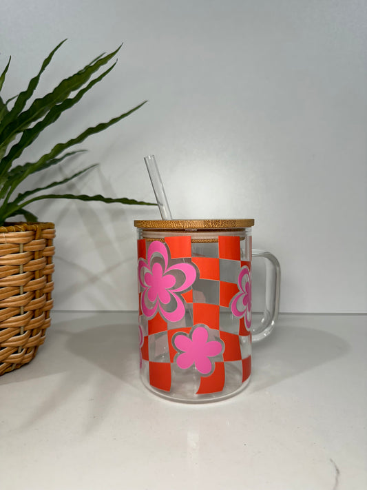 Dark Pink Flower Glass Tumbler with Handle