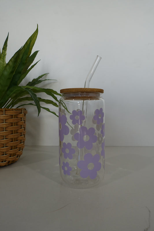 Purple Flower Glass Tumbler