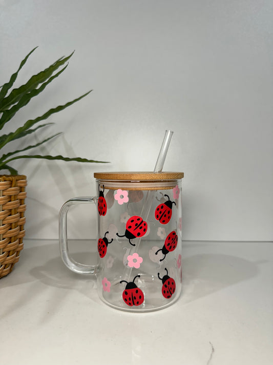 Lady Bug Glass Tumbler with Handle