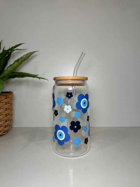 Blue Flower Glass Tumbler