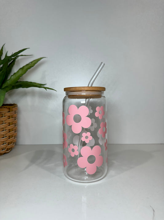 Pink Flower Glass Tumbler