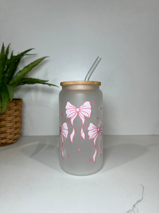 Frosted Pink Bows Glass Tumbler