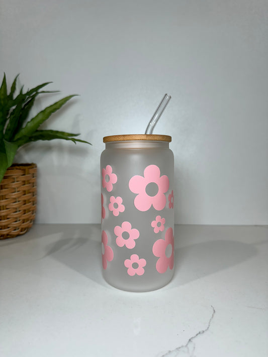 Frosted Pink Flower Glass Tumbler
