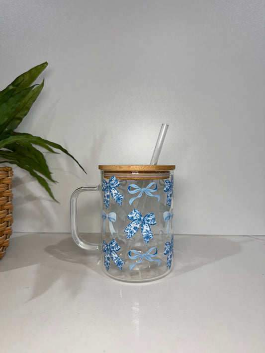 Blue Bows Glass Tumbler with Handle